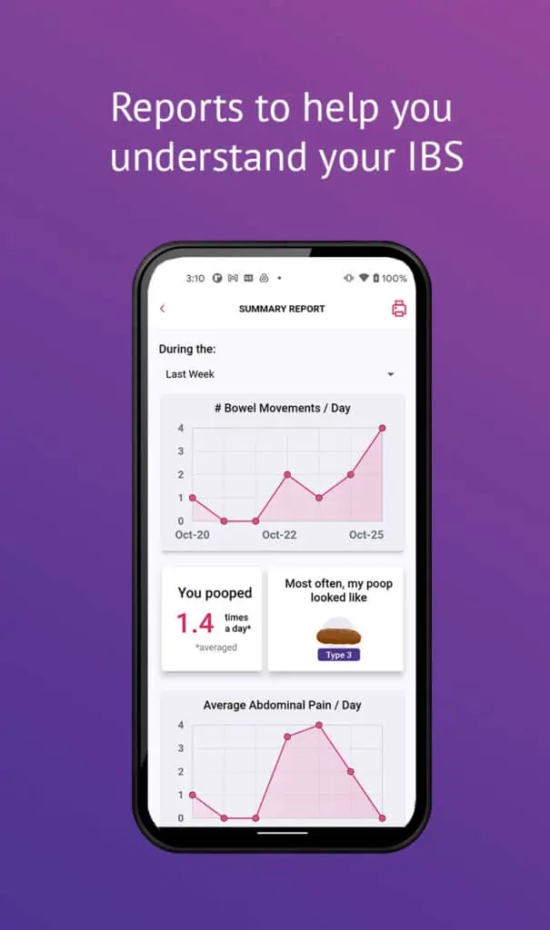 Écran des rapports de l'application myIBS