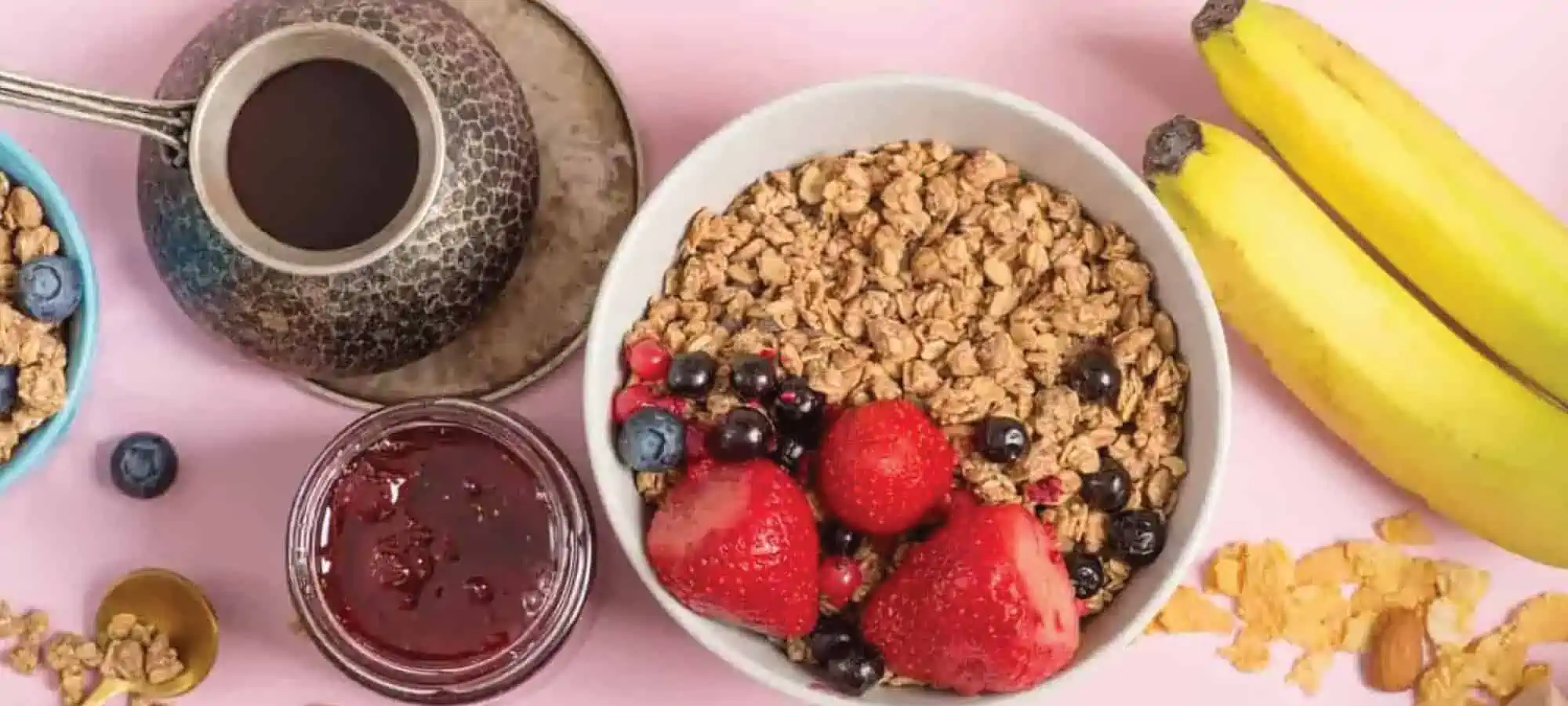 Bowl of oatmeal, banana, etc