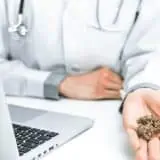 Person at their laptop holding out cannabis