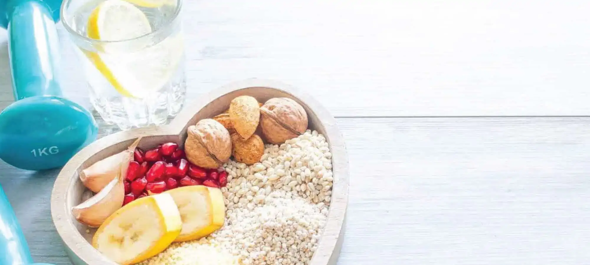 A weight, and food in a heart shaped bowl