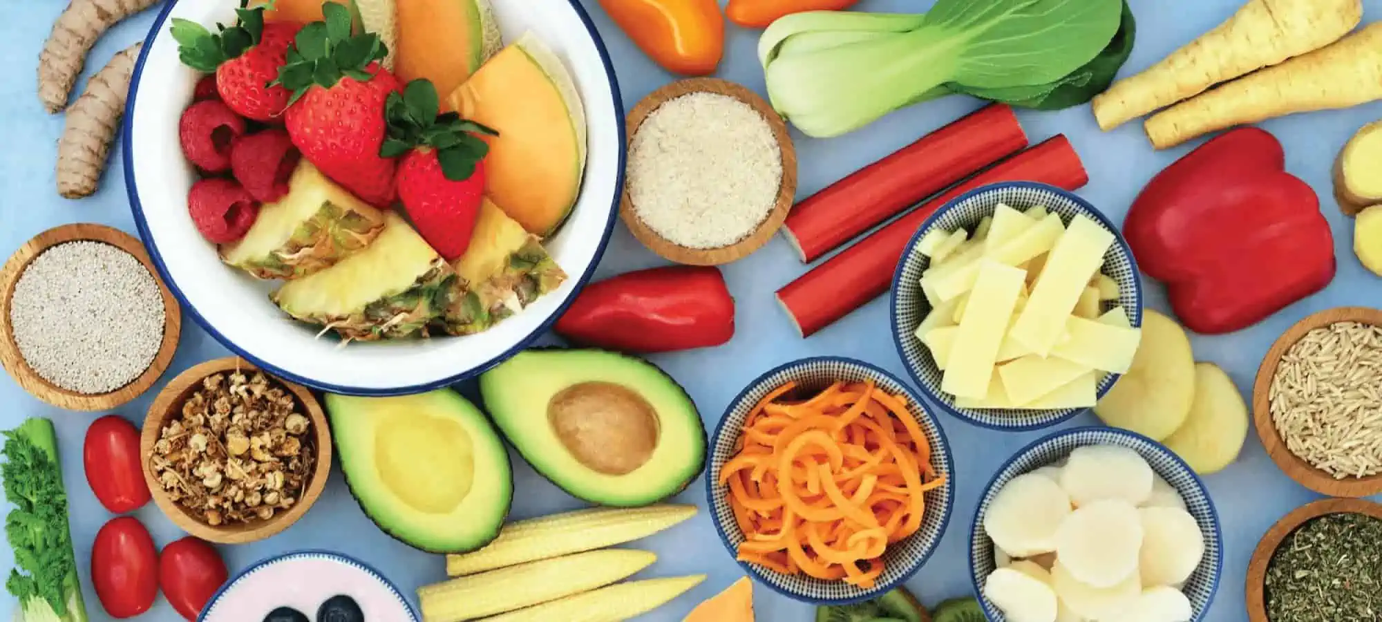 Healthy foods laid out on table