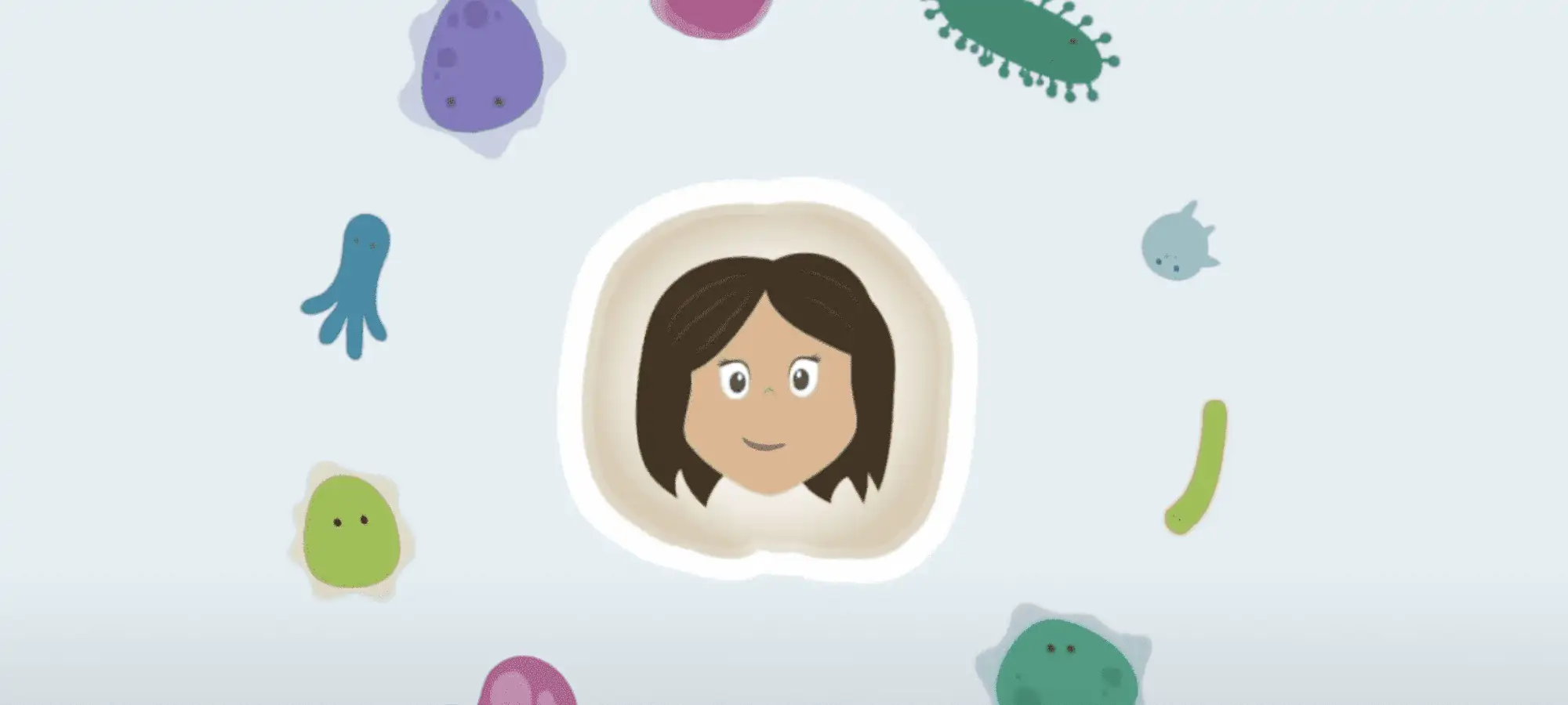 Cartoon woman surrounded by microbes