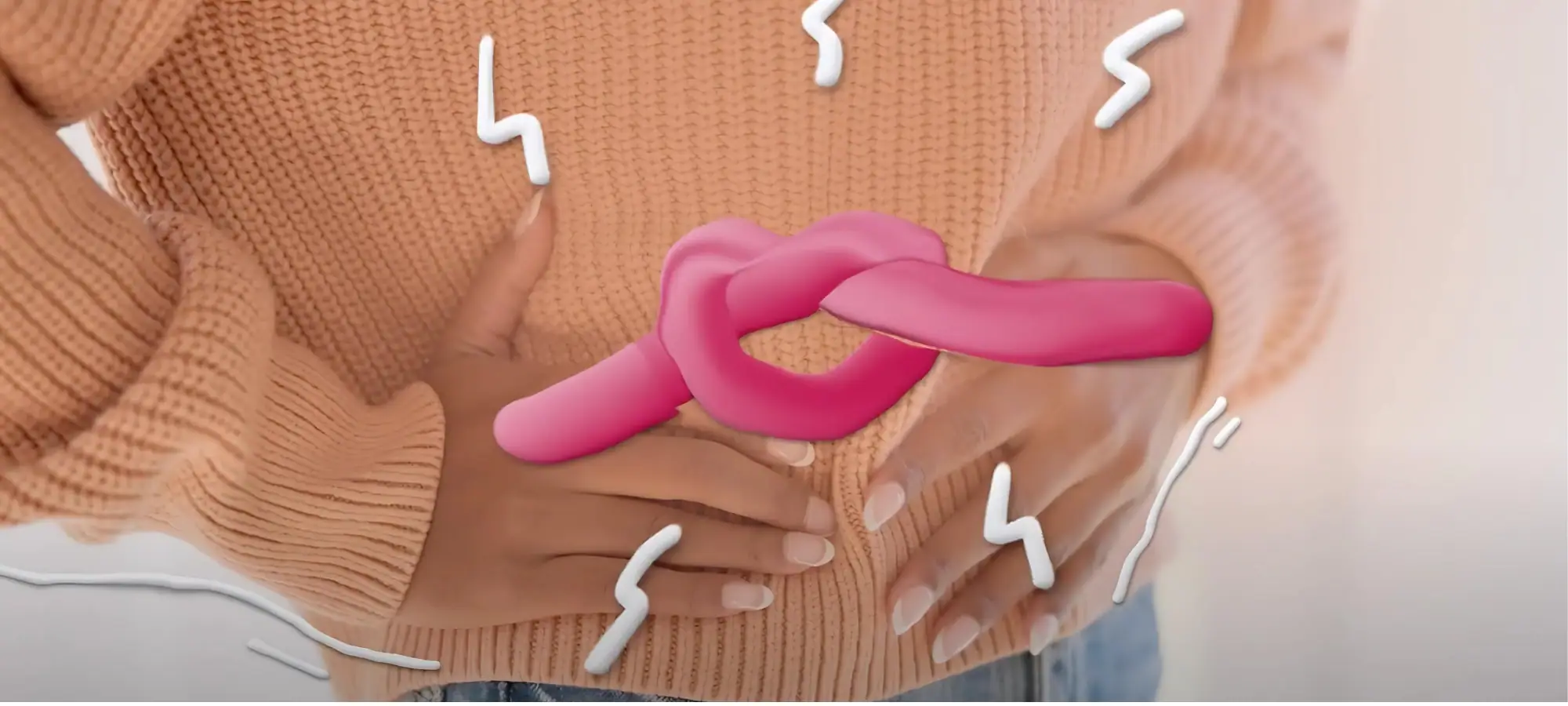 womans holding belly tied up in knots