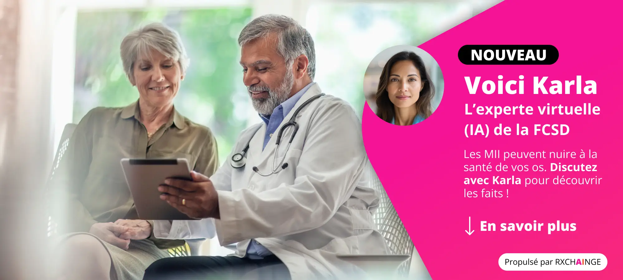 Older female patient sitting beside a male doctor in a white coat with a stethoscope, both smiling while looking at a tablet and discussing bone health during a medical appointment.